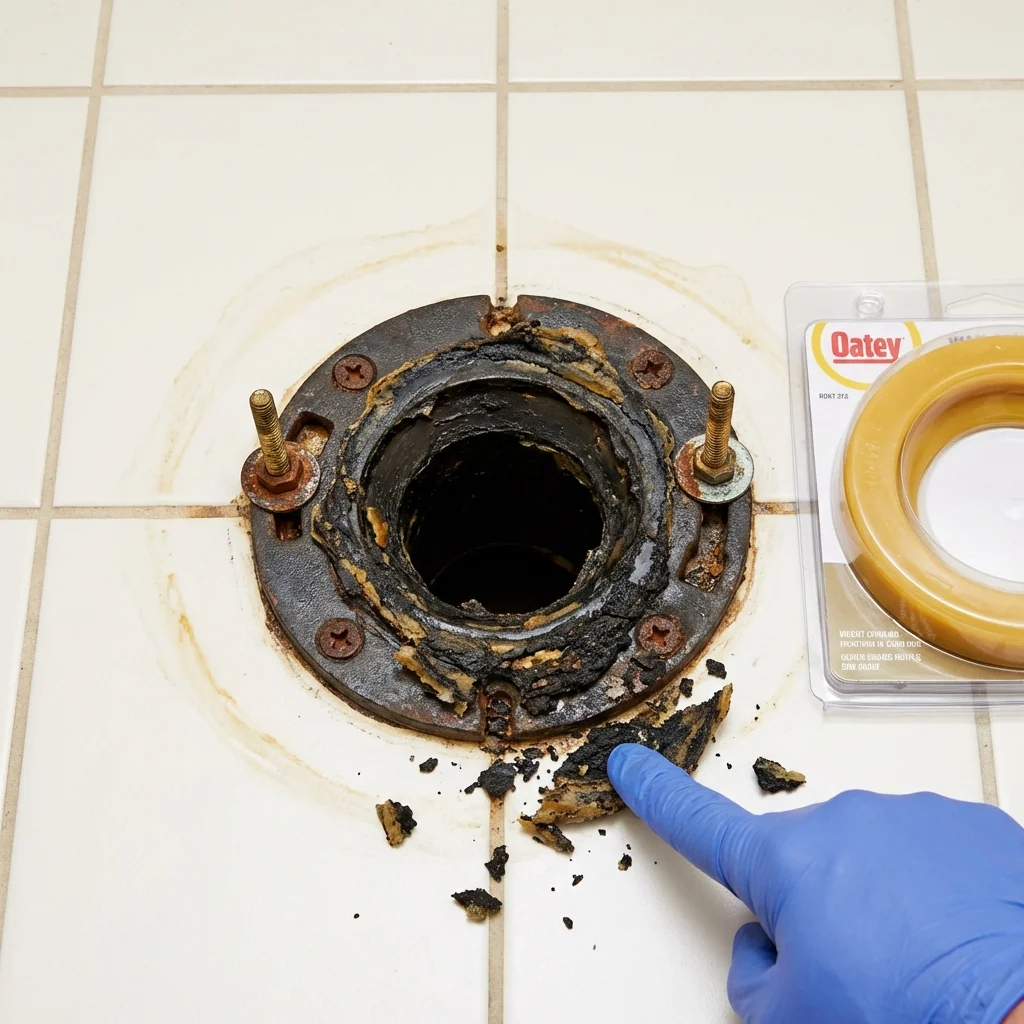 Failed wax ring showing water seepage at the base of a toilet in a Madisonville, TX home