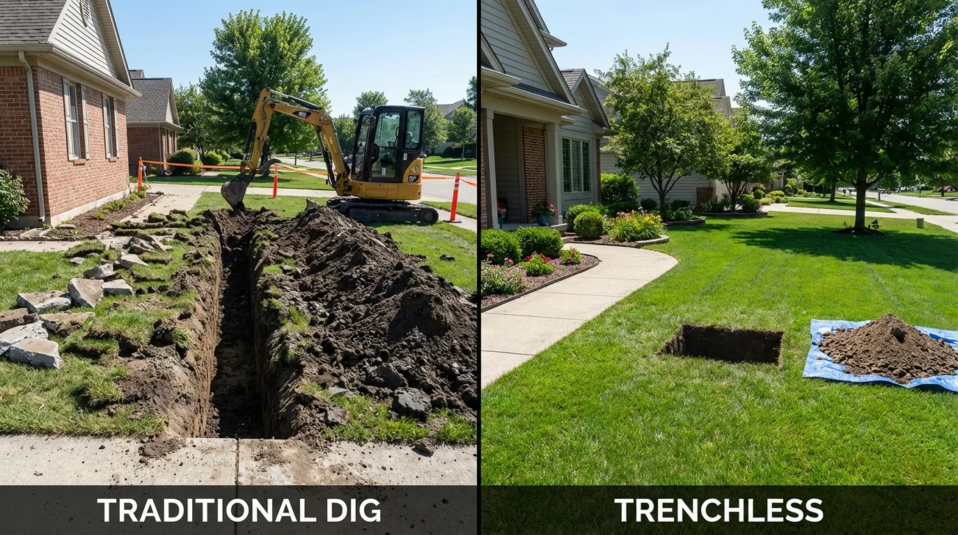 Trenchless sewer repair with minimal yard damage versus traditional excavation in Madisonville, TX