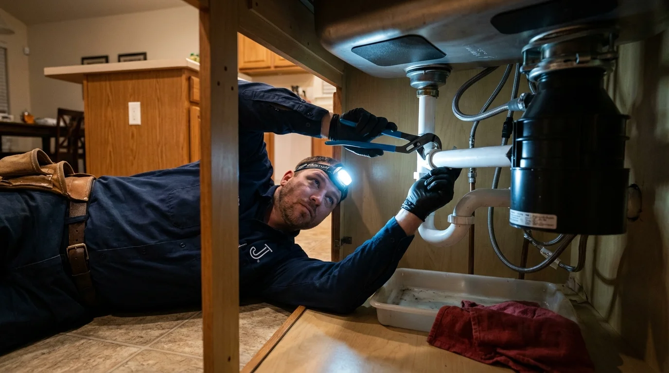 P-trap and supply line connections under a kitchen sink showing a common leak point in Madisonville, TX